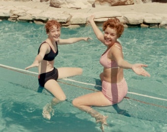 Vintage Color Photo - "Backyard Surfing" - Mother Daughter, Surfboard, Swimming Pool - 126