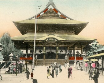 Antique Postcard - "Zenkoji Temple" - Shinano, Shinshu, Japan, People Walking Around Crowd, Paper Ephemera - 54