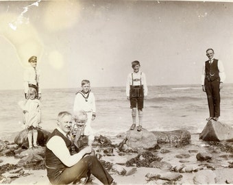 Antique Photograph - "Rocks for the Standing Kind" - Odd Interesting Family Picture, Vintage Photo, Ocean Seaside Beach - 32