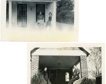 2pc Vintage Photo Set - "Porch Visitors" - House Home, Family Friends, Hanging Out - 146