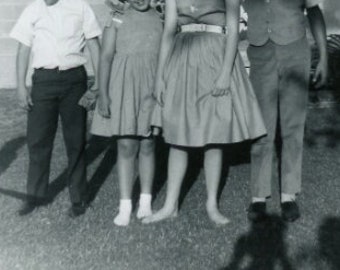 Black and White 1962 Photo - "Mrs. Bare Feet" - Woman Standing Front Yard, Wearing No Shoes, Family Picture, Photographer Shadow - 197