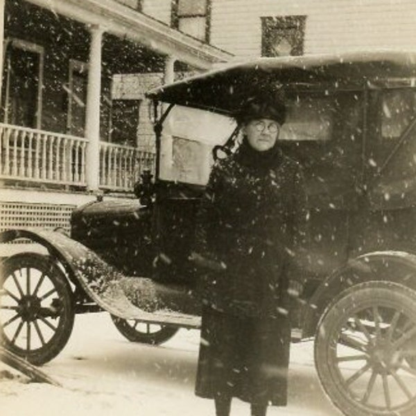 Antique Photograph - "In the Blizzard" - Woman Standing in Snowfall, Vehicle Automobile, Winter, Vintage Photo - 150