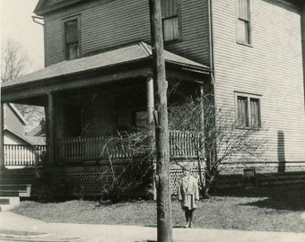 Vernacular Photograph - "Waiting Under the Street Light" - Odd Strange Kid Child Spooky House Neighborhood - 98
