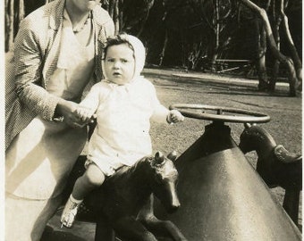 Snapshot Photo - "Riding the Mini Carousel" - Merry-go-round Park Mother Child - 98