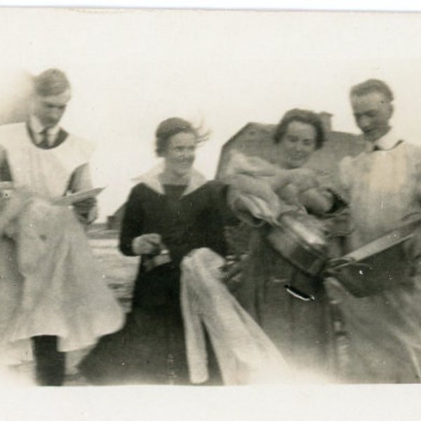 Antique Photograph - "Windy Day Washing" - Men Wearing Aprons, Dishes, Household Chores, Laughing Women - 157
