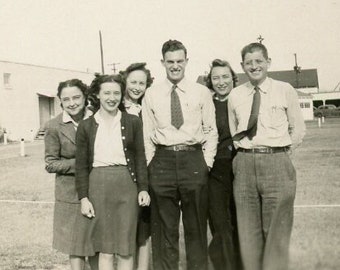 Vintage Snapshot - "Sharing Cheesy Smiles" - Men, Women, Friends, Group Gathering, Hanging Out, Good Old Days, Found Photo - 127