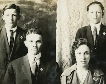 Antique RPPC Real Photo Postcard - "Four Serious Faces" - Woman, Boys, Family, Vintage Photograph - 137