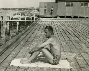 Vintage Snapshot - "When the Swimming Ended" - Antique Found Picture, Side Profile Man Thinking Thoughts, Summer Vacation, Ocean Lake - 62