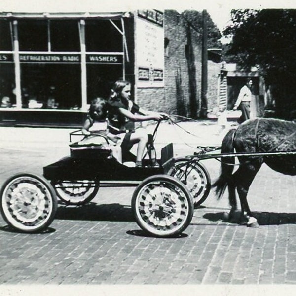 Miniature Vintage Photo - "Small Town Drivers" - Children Wagon Cart, Pony, Festive Parade Float - 99