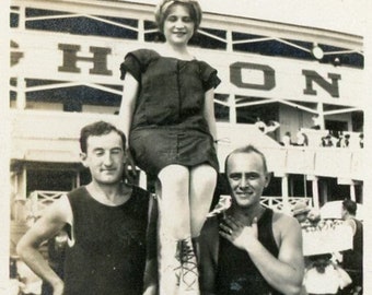 Miniature Antique Photograph - "Beach Buddies" - Woman Girl Bathing Suit Fashion Style, Men Man, Ocean Sea Coast Vacation - 52