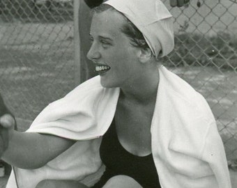 Vintage Kodak Proof Photo - "Her Swimming Smile" - Girl Woman, Swim Cap, Summer, Pool, Old Snapshot - 149