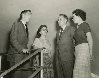 Black and White Man Woman Interior Building Photo - "Secret Stairwell Conversation" - 127