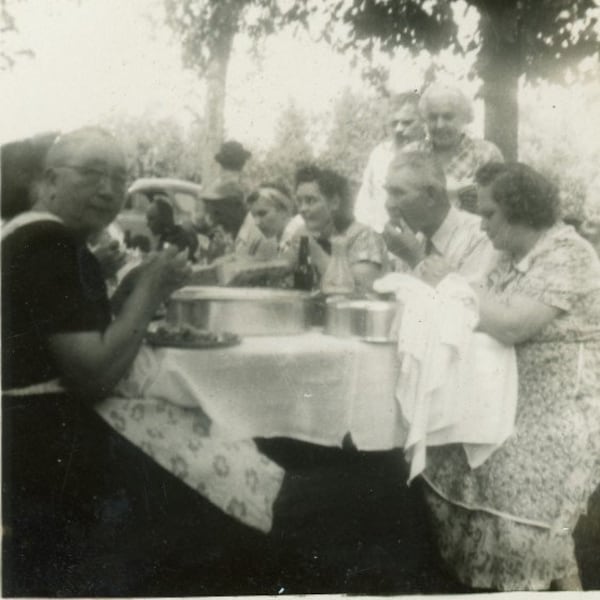 Black and White Photo - "Summer Picnic" - Family Eating Food, Table, Luncheon, Potluck, Good Memories, Snapshot, Vintage Picture - 120