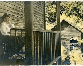 STUNNING Antique Hand-tinted RPPC Postcard - "The Miner's Wife Awaits His Return" - Old Vintage Photograph, Edwardian, Cabin House Home