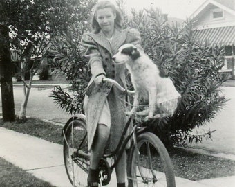 Vintage Snapshot - "Taking Puppy to Town" - Woman Girl Bicycle, Bike, Dog Animal Pet, Cute Adorable Picture - 34