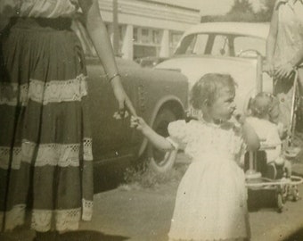 Vintage Photo - &quot;Wonderful Day for Wandering&quot; - Toddler Holding Hands with Mother, Mom, Sidewalk Travel, Town Shopping - 113