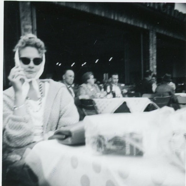 Black and White Photo - "Cafe Lady" - Mysterious Woman Wearing Sunglasses, Outdoor Diner, Vintage Snapshot, Restaurant, Found Picture - 97