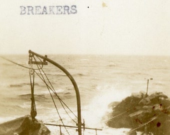 Antique Photograph - "The Breakers" - Typewriter Note Along Top, Rough Ocean Sea Waters, Crashing Waves - 68