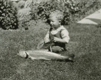 Vintage Photo - "Jackson's Big Fish" - Toddler Boy Kid, Gone Fishing, Camping Memories - 163