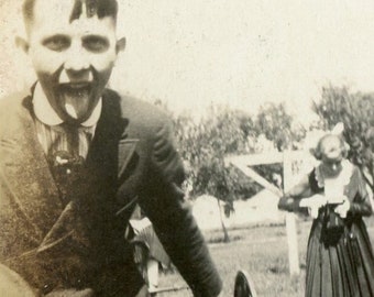 Antique Photograph - "Camera Goofy Corners" - Boy Child Sticking Out Tongue, Girl Background, Funny Silly Humor Vintage Picture - 170