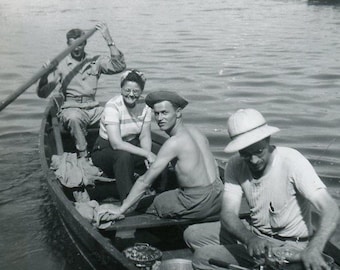 Vintage Snapshot - &quot;Looking for Fish&quot; - Men Man Woman Gone Fishing, Marsh Swamp Lake Water, Boat Transportation - 180