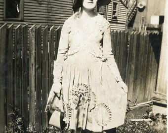 Antique Picture - &quot;A Miner&#39;s Wife&quot; - Woman Standing by Fence, Behind Buildings, Fashion Style Dress - 86
