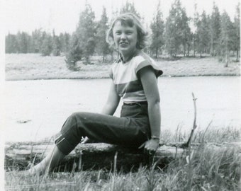 Vintage Snapshot - "River Beauty" - Woman Girl Smiling Happy, Water, Camping Memories, Old Found Photo, Ephemera - 152