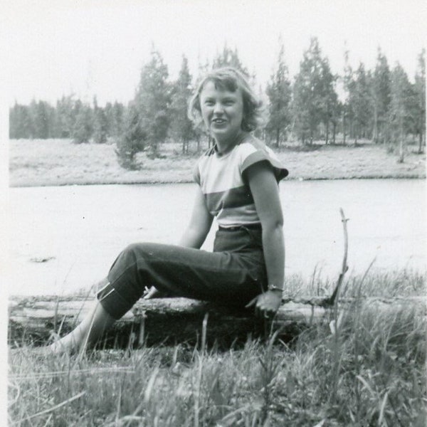 Vintage Snapshot - "River Beauty" - Woman Girl Smiling Happy, Water, Camping Memories, Old Found Photo, Ephemera - 152