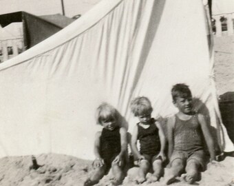 Antique Photograph - "Camping on the Beach" - Children, Tent, Ocean Summer Vacation, Vintage Photo Picture, Good Old Days - 194