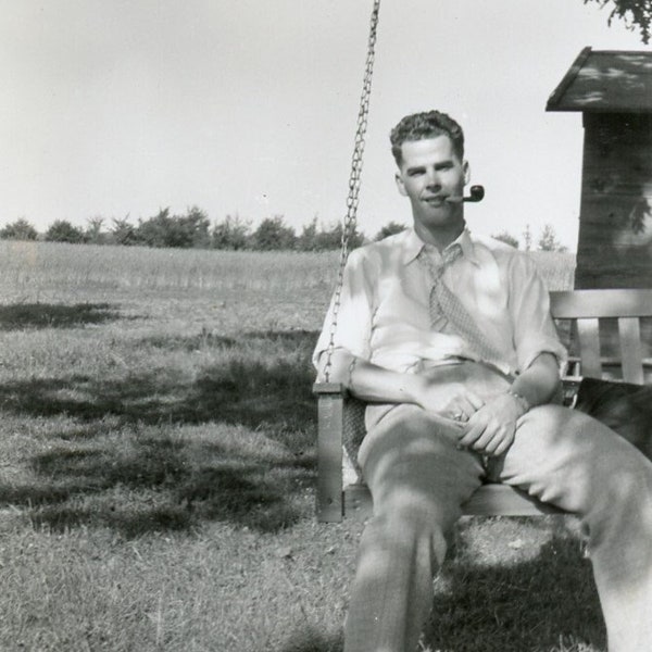 Vintage 1938 Photo - "The Swing Smoker" - Man Resting Relax, Pipe Tobacco, Farm Homestead Living, Old Picture Photograph - 89