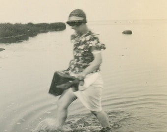 Vintage Photo - "Carry Over Still Waters" - Blurry Woman Walking Ocean, Lake, Sea, River, Carry Objects, Old Snapshot - 76