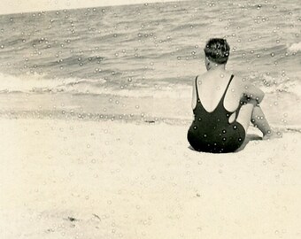 Vintage Photograph - "Wishing on a Wave" - Back Behind, Man Hidden Face, Bathing Suit Fashions, Deep Thoughts - 207