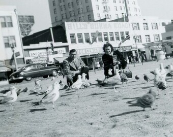 Vintage Photo - "Feeding Seagulls" - Man Woman Feed Birds, Beach Ocean - 187