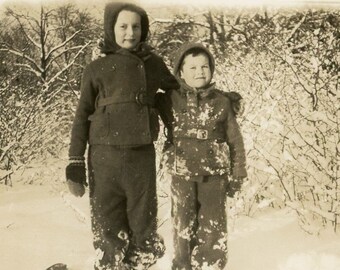 Vintage Snapshot - "Enjoying Winter Fun" - Siblings Children Playing Outside, Snow , Old Found Photo - 68