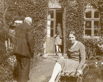 Antique Photo - "This Morning's Busy Door" - Woman Sitting on Bench, Man Hidden Face, Cottage House Home, Garden Area, Old Picture - 82