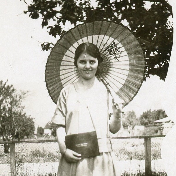 Antique Photograph - "Parasol for Patty" - Old Vintage Photo, Woman Pose Outside Under Tree, Nature, Life on Farm - 160