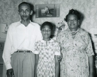 Black and White Photo - "Lovely Family of Three" - African American, Mother Father Daughter, Interior House Home - 126