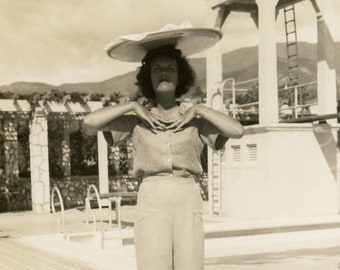 Vintage Photo - "Balancing Life in 2024" - Woman Walking Tray on Head, Swimming Pool, Odd Strange Pose - 107