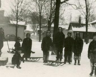 Vintage 1940 Photo - "The Cold Winter Crew" - Children Playing Outside, Snow Weather, Sled, Best Friends - 109