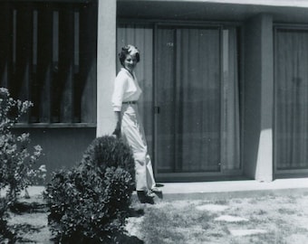 Black and White Photo - "Vacation Memory" - Woman Pose Outdoor, Hotel Motel Door, Travel Summer Time - 77