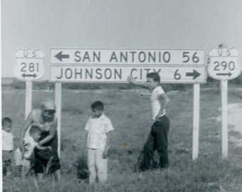 Black and White 1957 Photo - "Lost in Texas" - San Antonio, Johnson City, Travel Highway Sign - 126