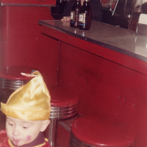 Vintage Color 1959 Photo - "Elf at the Bar" - Odd Strange Child Boy Halloween Costume, Interior Restaurant Cafe Diner - 107