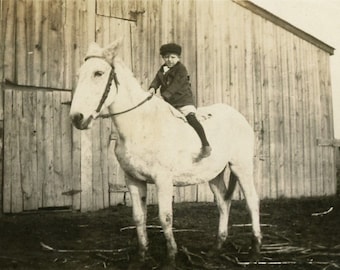 Antique Picture - "Cowboy Wishes" - Boy Horseback Riding, Barn Farm Life - 34