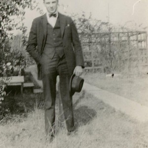 Antique Photograph - &quot;New Hat for Merrill&quot; - Man Standing in Suit, Holding Hat in Hand - 190
