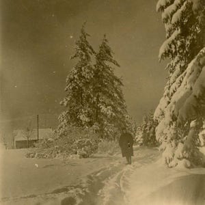 Vintage Photograph - &quot;Welcome the Winter Ghost&quot; - Mysterious Person Figure Walking in Snow, Trees Forest - 172