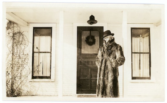 Vintage Vernacular Photo - "He Arrived in the Middle of the Night...The Time Traveller in the Fur Coat and a Fancy Hat" - 110