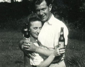 Vintage Photo Snapshot - "Bottles Up" - Man Woman Sweethearts, Couple - 50