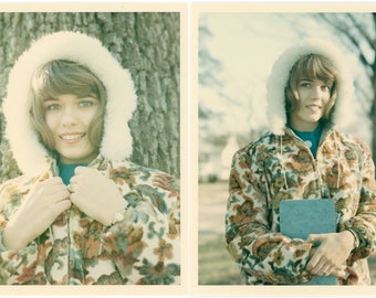 2pc Vintage Photo Set - "New Winter Coat for Carly" - Lady, Young Woman, Fashion Style, Old Pictures, Happy Smile - 205