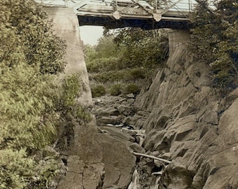 STUNNING Antique Photograph, Circa 1920s - "Walking Across Perfect Ground" - Hand Tinted Colored, Small Waterfall Nature Woodland - BX4