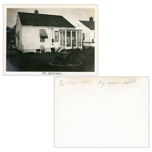 May include: Black and white photograph of a house with a screened-in porch. The house has white siding and a dark roof. The text "30 SECONDS" is visible at the bottom of the image. A handwritten note on the bottom reads "1/2-4-5-1944 By moon light."
